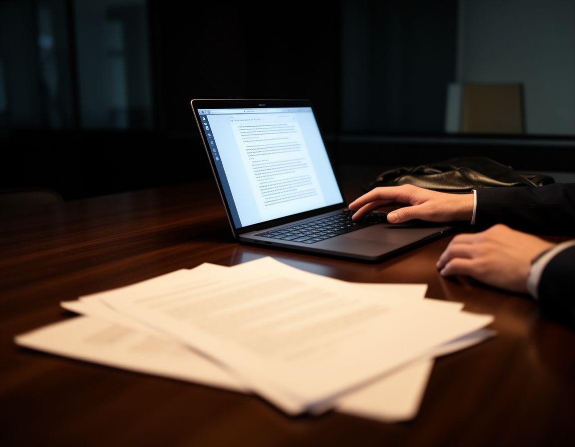 Legal adviser reviewing contract clauses at a dark wood meeting table with a laptop and annotated papers