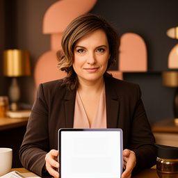 Portrait of Josiiee Wreyford in a boutique workspace, holding a tablet and reviewing a contract summary